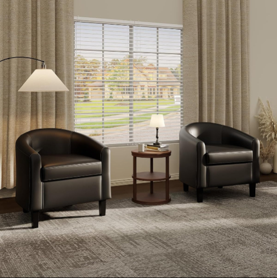 Garvee Accent Barrel Chairs Living Room Chairs, Faux Leather Upholstered Club Armchairs with Soft Padded Seat for Bedroom Reading Waiting Room, Black
