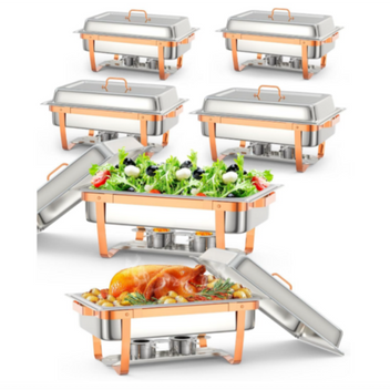 Garvee Chafing Dish for Buffet Set, 6 Packs 8 Qt Chafers and Buffet Warmers Sets with Folding Frame, Spoon & Tweezer for Weddings Parties Banquets Catering Events, Rose Gold