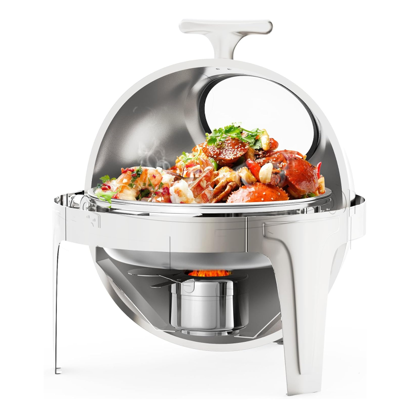 Garvee 6.3 Qt Round Roll Top Chafing Dish Buffet Set, Stainless Steel Food Warmer with Glass Window, Heat & Chill Chafer for Catering, Parties, Weddings & Banquets, Silver