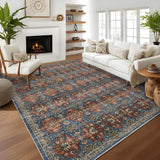 Garvee Boho Area Rug - Soft Washable Printed Floral Rug, Low Pile Non Shedding Non Slip Rug, Indoor Foldable Vintage Rug Carpet - Blue