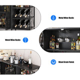 Garvee Industrial Wine Bar Cabinet 55 Inch with LED Lights - Removable Wine Rack, Glass Holder, Mesh Doors, Adjustable Shelves - Metal Entryway Storage Sideboard for Living Room, Kitchen, Black