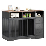 Garvee 48" Dog Crate Furniture with Bowls, Heavy Duty Dog Kennel End Table with 3 Storage Drawers, Locking Door, Farmhouse Style Pet Crate Cabinet for Medium Small Dogs, Black - Black&Brown Top