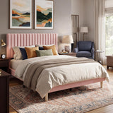 Garvee Full Size Velvet Bed Frame with Vertical Channel Tufted Headboard, Height Adjustable, Upholstered Platform Bed, No Box Spring Needed, Pink, Bedroom - Pink