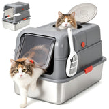 Garvee Stainless Steel Cat Litter Box with Lid & Scoop, Enclosed Litter Pan with Front & Top Entry, Anti-Leak High Sides Cat Litter Box for Large Cats, Grey - Gray