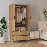 Garvee Wooden Armoire Wardrobe Closet with 2 Doors, Adjustable Shelf, 2 Drawers, Aluminum Rod, MDF, Electroplated Handles, Silent Hinges, Bedroom & Gym - Oak