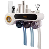 Garvee Wall Mounted Toothbrush Holder and Toothpaste Dispenser - Multi-Functional Bathroom Organizer with 6 Brush Slots, 3 Cups, Cosmetic Drawer, Hooks - Black, 3 cups