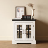 Garvee Buffet Cabinet with Storage and Glass Doors – Built-in Power Outlet – Black Relief Top Plate & White Panel – Compact Accent Sideboard for Kitchen, Coffee Bar, Pantry, or Living Room – Small Size, Black Relief Top Plate + White Panel - Black
