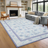 Garvee 5' × 7' Vintage Floral Border Area Rug, Machine Washable Non-Slip Low-Pile Stain-Resistant Rug for Living Room, Bedroom & Nursery, Blue - Blue