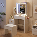 Garvee Modern White LED Vanity Set with Sliding Mirror, 4 Drawers, Open Shelves, Stool, US Socket, Silver Handle, Hair Dryer Holder – Bedroom or Bathroom Makeup Table – Color: White, Size: US Standard Socket, Specs: Silver Handle, Power: Hair Dryer Holder - White