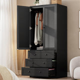 Garvee 70" Wardrobe Armoire Wooden Closet with 2 Doors and 3 Drawers, Bedroom Armoire with Hanging Rod Shelf, Large Capacity Storage Wardrobe Armoire, Freestanding Wooden Closet Storage Cabinet - Black