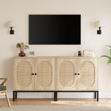 Garvee Boho Rattan Sideboard Cabinet Set – Natural Wood Accent Buffet with 2 Doors & Adjustable Shelves – Light Oak Freestanding Console, Modern Metal Legs, Hallway Storage Unit – Color: System Default