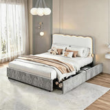 Garvee Bed Frame with LED Lights, Irregular Wave Upholstered Platform Bed with 2 Storage Drawers - Light Gray + White
