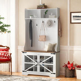 Garvee Hall Tree with Shoe Storage & Bench, 4-in-1 Coat Rack, 7 Shoe Cubbies, 7 Hooks, White Particleboard, Farmhouse Mudroom Cabinet, Entryway Organizer