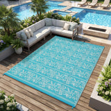 Garvee Waterproof Reversible Outdoor Rug - Boho Leaf Design - Lightweight, Collapsible Plastic Straw Mat with Stakes & Storage Bag, Mark & UV Resistant Carpet for Patio, RV, Camping, Balcony, Deck, Backyard, 9x12ft - Light Blue & White