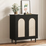 Garvee Modern Black Rattan Sideboard Buffet Cabinet – Adjustable Shelves, Sturdy Wood Legs, Ample Storage – Accent Console Table for Dining Room, Kitchen, Living Room, or Entryway – Black Color