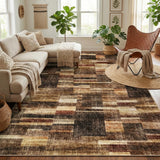 Garvee 4' x 6' Distressed Patchwork Area Rug, Washable Non-Slip Soft Low-Pile Geometric Rug for Bedroom, Office & Entryway, Brown - Brown