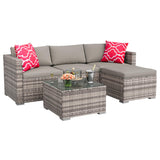 Garvee Modular Outdoor Sectional Sofa Set, 5 Pieces, PE Rattan Wicker, Ottoman, Glass Coffee Table, Gray - Gray / Light Gray