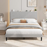 Garvee Corduroy Upholstered Platform Bed Frame with Adjustable Storage Headboard & USB Charging Station – Soft Padded Headboard – Sturdy-colored Wood Slats – Noise-Free – Easy Assembly – No Box Spring Needed – Full Size, Light Gray - Gray