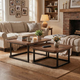 Garvee Square Nesting Coffee Table Set of 2, Wooden Side Tables with Raised Edge & Metal Legs, Space-Saving End Table for Living Room, Bedroom, Walnut - Walnut