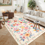 Garvee 9' × 12'  Floral Nursery  Area Rugs Washable Print Boho Cute Carpet Non Slip Flower Low Pile for Living Room Kids Girls Playroom Bedroom Kitchen Office Farmhouse-Beige - Beige