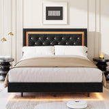 Garvee Floating Platform Bed Frame with Smart LED Lights - Upholstered Diamond Tufted Headboard - Sturdy Wood Slats - Noise-Free & Easy Assembly - No Box Spring Needed - Modern Bedroom Furniture - Queen Size - Black - Black