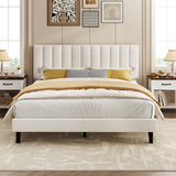 Garvee Suede Upholstered Platform Bed Frame with Adjustable Tufted Headboard, Sturdy Noise-Free Support, No Box Spring Needed, Easy Assembly - Queen Size, White - White