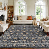 Garvee 9' x 12' Dark Gray Vintage Floral Area Rug, Washable Non-Slip Low-Pile Carpet for Living Room, Bedroom and Dining Room - Dark Gray