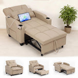 Garvee 4-in-1 Convertible Sleeper Sofa Chair – Pull-Out Single Recliner for Adults with Vibration Massage Lumbar Pillow, USB/Type-C Ports, Cup Holders, Side Pocket – Ideal for Small Spaces, Milk Coffee Color - Latte Beige
