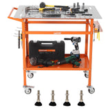 Garvee Carbon Steel 36" x 24" Four-Wheel Welding Workbench with Two Brakes, Four Fixed Base Supports, Side Pegboard, Hooks, and Storage Tray - Heavy Duty Welding Table, Work Bench, Plasma Table, Welding Cart