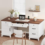 Garvee Farmhouse Executive Office Desk 60" with Charging Station, Power Outlets & USB Ports – File Cabinet & Drawers – Wooden Computer Writing Desk for Home Workspace – Brown and White (AB Box) - White And Brown