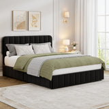Garvee Modern Queen Size Platform Bed Frame – Black Velvet Upholstery, Adjustable Vertical Channel Tufted Headboard, Sturdy Wooden Slats, Underbed Storage, No Box Spring Needed, Easy Assembly, Color: Black, Size: Q - Black
