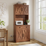 Garvee Pantry Cabinet with Charging Station, 71'' Tall Walnut Farmhouse Kitchen Hutch - Microwave Stand, Drawer & Barn Doors - Buffet Sideboard for Dining & Living Room, Walnut - Brown