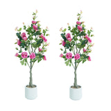 Garvee Realistic 120cm Artificial Rose Tree Set of 2 – Lifelike Silk Leaves & Dark Pink Blooms – Faux Decorative Plant for Living Room, Bedroom, Office, Entryway – White Pot – Color: Rose Red Rose