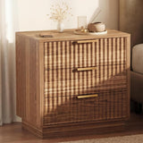 Garvee Fluted Nightstand Wood Night Stand with 3 Drawers Large Storage MDF Modern Design Metal Handles Bedroom Living Room - Brown