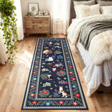 Garvee 2' x 8' Washable Cat & Floral Runner Rug, Non-Slip Stain-Resistant Soft Low-Pile Animal Print Rug for Bedroom, Kitchen, Bathroom , Blue - Blue