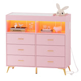 Garvee Modern Baby Changing Table Dresser – 6 Drawers, LED Light, Power Outlet, Metal Feet, Table Top – Multi-Functional Nursery Diaper Changing Station Organizer – Pink - Pink1