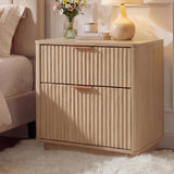 Garvee Fluted Wood Bedside Table 23'' – 2 Drawers, Curved Wave Design, Metal Handles, Charging Station, Mid Century Bedside Table for Bedroom or Living Room, Oak, 1pcs, US Standard