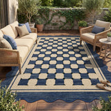 Garvee 5' x 7' Navy Checkered Easy Jute Area Rug, Scalloped Washable Non-Slip Low-Pile Rug for Living Room, Patio & Entryway, Navy Blue - Navy Blue