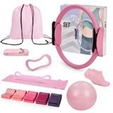 Garvee 13-Piece Home Pilates Set – 13-Inch Fiberglass Magic Circle Ring with NBR PVC Resistance Bands & Fitness Accessories for Core Strength and Flexibility Training (Pink) - Pink