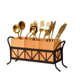 Garvee Rustic Acacia Wood Utensil Holder for Kitchen Countertop - Waterproof Silverware Caddy with 3 Removable Compartments & Portable Handles - Flatware Organizer for Spoon, Fork, Knife, Parties, Home - Dark Brown, 34×9×15.5cm