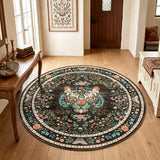Garvee 4' Round Tiger Print Vintage Floral Round Rug, Machine Washable Non-Slip Low-Pile Soft Rug for Living Room, Bedroom & Nursery, Brown - Brown