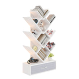 Garvee Modern 7-Tier Tree Bookshelf with LED Lights & Fabric Drawer – Vertical Storage Bookcase for Office, Living Room, Bedroom – Narrow Design for Small Spaces – White Wood Board + Gray Fabric Drawer - White