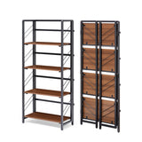 Garvee No-Assembly Folding Office Bookshelf - 4-Tier Space-Saving Industrial Bookcase - Sturdy Black Metal Frame & Brown Wood Shelves - Mark-Resistant, Collapsible Storage Rack - Black Frame Brown Wood Board, 4 Layers - Black+Brown