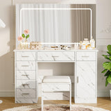 Garvee Modern Vanity Desk with 7 Drawers, LED Mirror, 3-Mode Adjustable Lighting, Power Outlets, Hair Dryer Holder – Makeup Table for Bedroom - Color: Imitation marble white - Marble White
