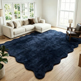 Garvee 10' x 13' Navy Blue Solid Scalloped Plush Area Rug, Washable Soft Plush Non-Slip Polyester Carpet for Living Room, Bedroom and Nursery - Navy Blue