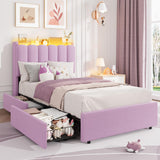 Garvee LED Twin Size Bed Frame with Storage Headboard, RGB LED Lighting, 2 Large Drawers, Boucle Upholstery, Metal Frame, Quiet Support, Purple, Kids Bedroom - Purple