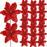 Garvee Festive Glitter Magnolia Artificial Flowers with Stems - Crimson Velvet Blooms for Christmas Tree, Wedding, Holiday Decor - Set of 20 - Diameter 16cm, Color: Red