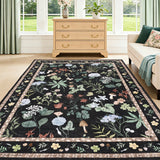 Garvee 8x10 Washable Floral Area Rug, Non-Slip Low Pile Rug, Stain Resistance Carpet for Living Room, Bedroom, Dining Room, Black - Black