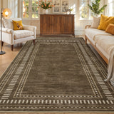 Garvee Brown Washable Bordered Area Rug 5' × 7', Non Slip Low Pile Stain Resistant Distressed Rug for Living Room Bedroom Dining Room - Brown