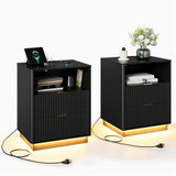 Garvee Set of 2 Modern Fluted Bedside Tables - 2-Drawer Wooden Bedside Tables with LED Light & Charging Station (USB & Type-C) - Stylish Black Design - Perfect for Bedroom or Living Room - US Standard - Black - Black